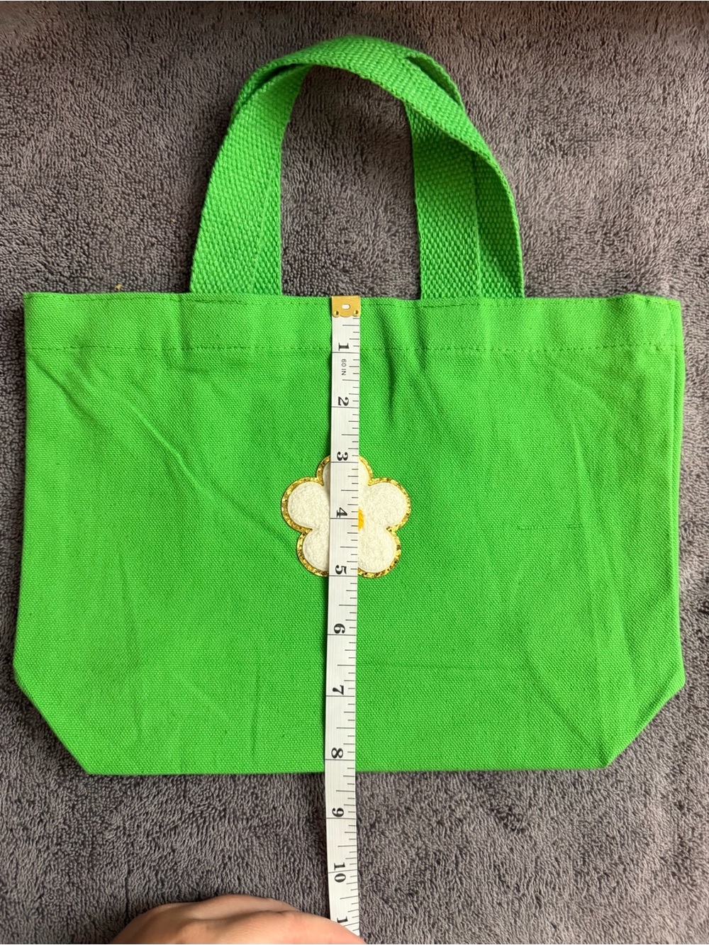 Reusable Canvas Gift Bag - Green Canvas Tote with Daisy Patch - Picture 2 of 7